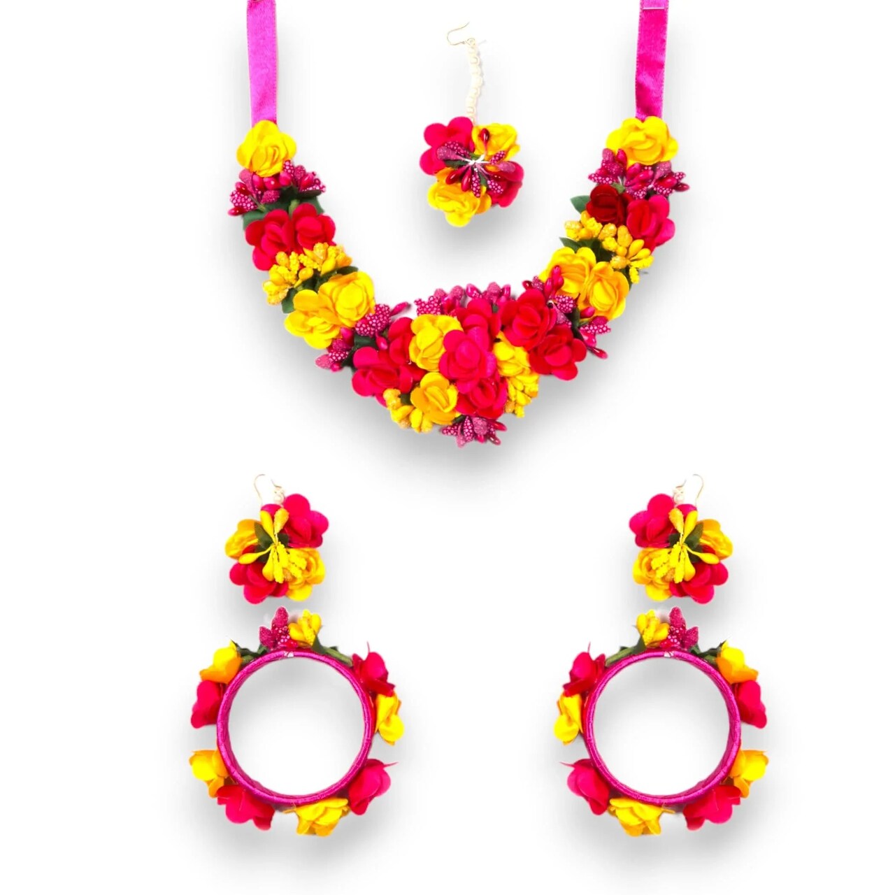 Flower Designer Jewelry Set for Women Handmade Necklace with Earrings Maang Tikka Bracelets Indian Artificial Jewellery for Haldi Mehndi Wedding Party Bridal